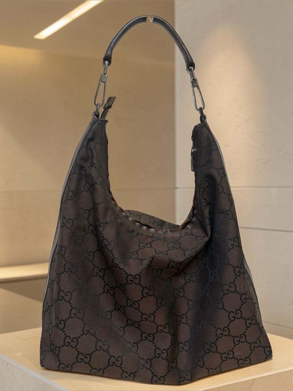Authentic Gucci Vintage Brown GG Monogram Nylon Hobo Shoulder Bag Leather Trim